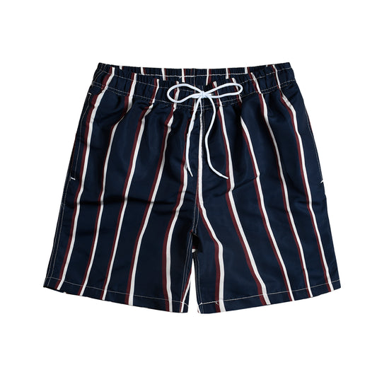 Dark Blue Red Vertical Stripe Men's Quick Dry Casual Beach Shorts Swim Trunks