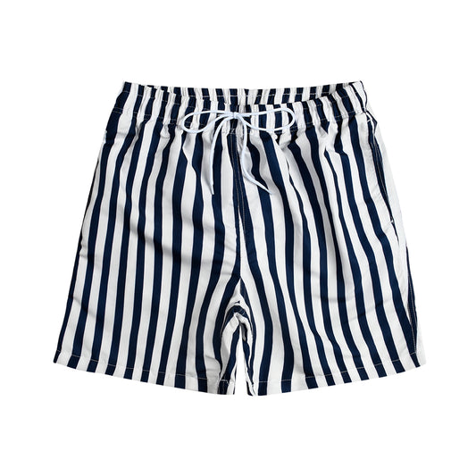 White & Blue Vertical Stripe Men's Quick Dry Casual Beach Shorts and Swim Trunks