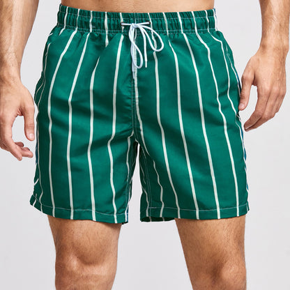 Green Vertical Stripe Men's Quick Dry Beach Shorts Swim Trunks