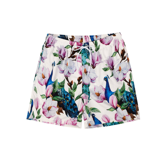 Peacock & Flower Print Men's Quick Dry Beach Shorts & Swim Trunks