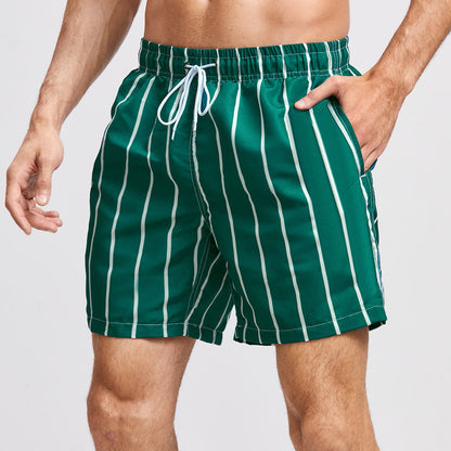 Green Vertical Stripe Men's Quick Dry Beach Shorts Swim Trunks