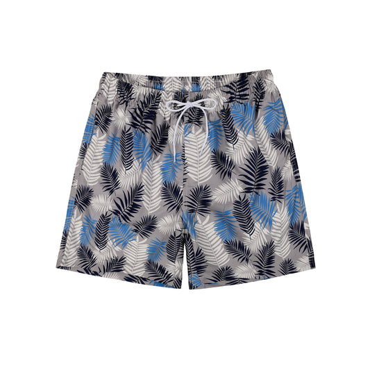 Gray Blue White Leaf Men's Quick Dry Casual Beach Shorts Swim Trunks