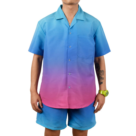 Men's Casual 2-Piece Set - Beach Shirts & Shorts - Blue Pink Gradient