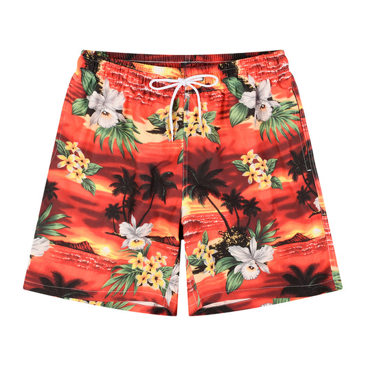 Red Hawaiian Style Men's Quick Dry Casual Beach Shorts Swim Trunks