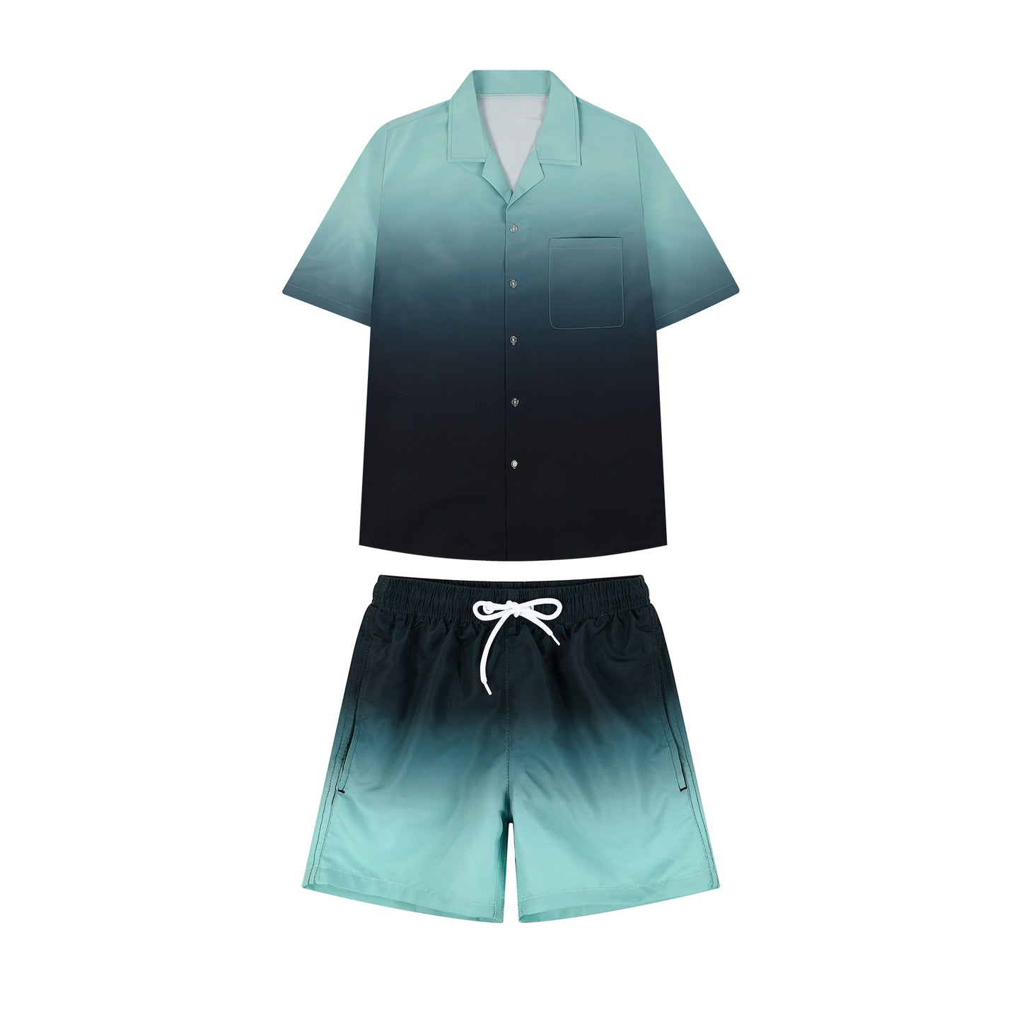 Men's Casual 2-Piece Set - Beach Shirts & Shorts - Black Green Gradient