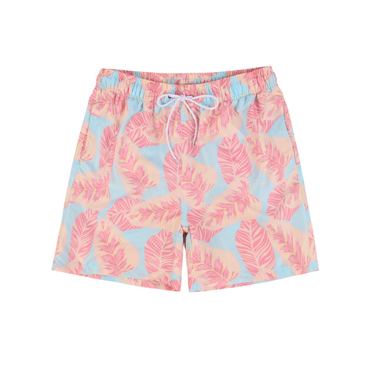 Pink Leaf Full Print Men's Quick Dry Casual Beach Shorts Swim Trunks