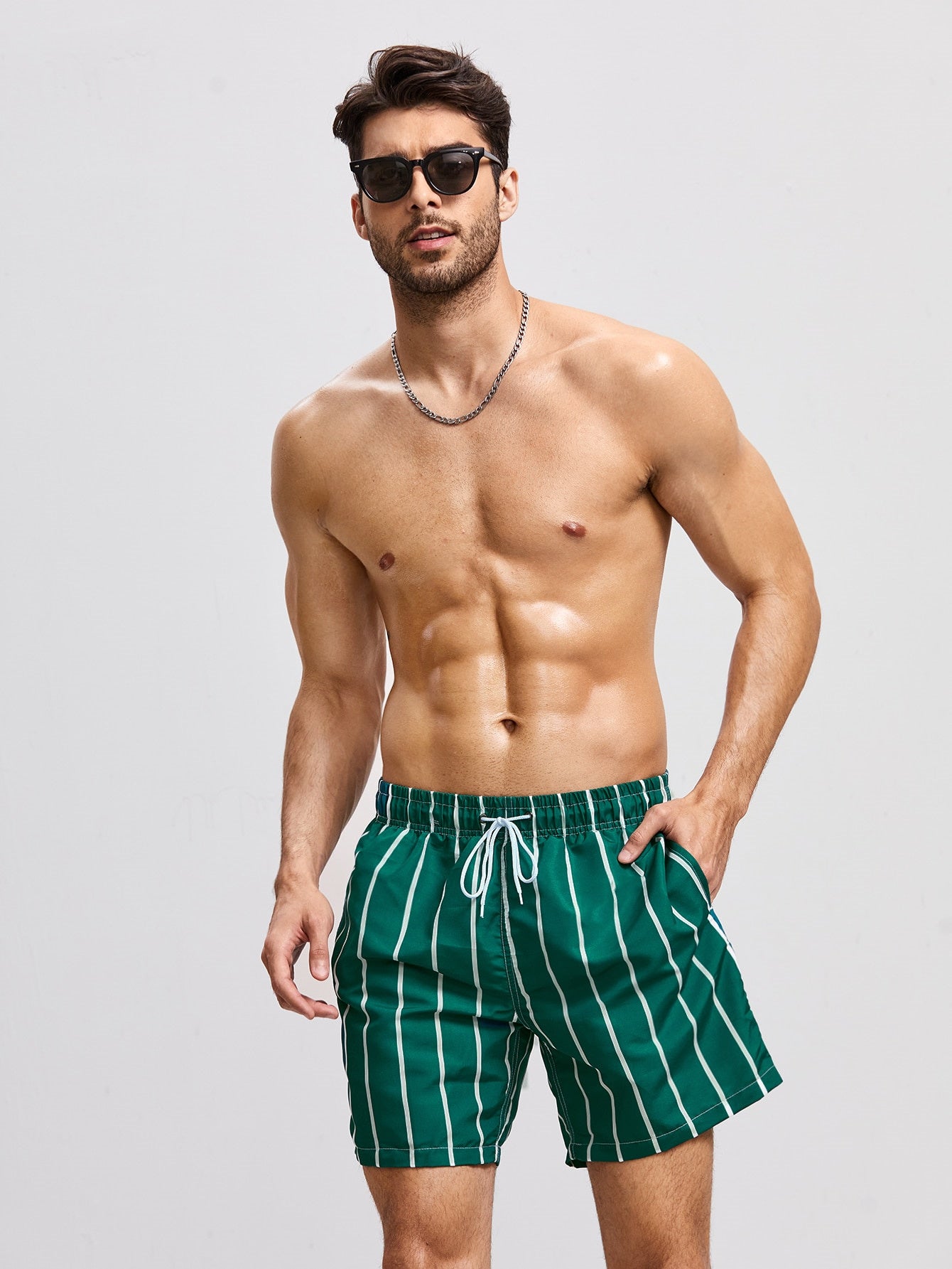 Green Vertical Stripe Men's Quick Dry Beach Shorts Swim Trunks