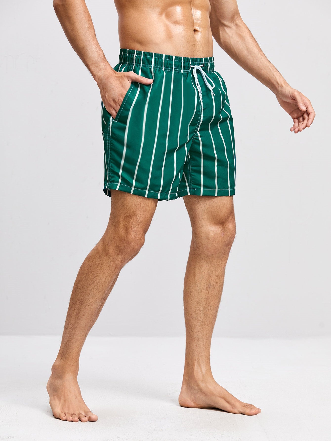 Green Vertical Stripe Men's Quick Dry Beach Shorts Swim Trunks